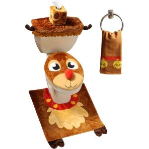 imageJOYIN 5 Pieces Christmas Theme Bathroom Decoration Set wToilet Seat Cover Rugs Tank Cover Toilet Paper Box Cover and Santa Towel for Xmas Indoor Dcor Party Favors ReindeerReindeer