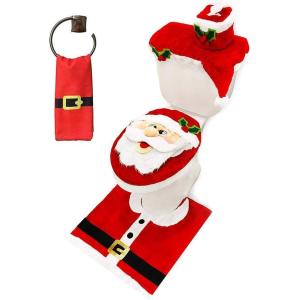 imageJOYIN 5 Pieces Christmas Theme Bathroom Decoration Set wToilet Seat Cover Rugs Tank Cover Toilet Paper Box Cover and Santa Towel for Xmas Indoor Dcor Party Favors ReindeerSanta