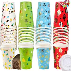 imageJOYIN 72 Pcs Merry Christmas Disposable Cups with Sleeves and Lids 8 Designs Xmas Drinkware 16 oz Paper Cup For Hot Chocolate Coffee Cold Beverage Holiday Tableware Winter Party Supplies FavorsLights
