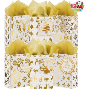 imageJOYIN 12 PCS Christmas Foil Gold Gift Bags with Tissue Papers and Name Card Tags Assorted White Winter Prints for Xmas Presents Wrapping Stocking Stuffers Thanksgiving New Year4quot x 6quot x 2quot