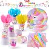 imageJOYIN 145 Pcs Unicorn Birthday Party Supplies with Unicorn Banner for Girls 24 Serves Unicorn Disposable Tableware Set with Plates  Cups Napkins and Cutlery Sets for Unicorn Themes Party KidsUnicorn
