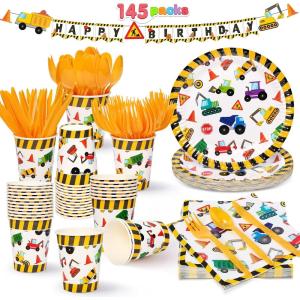 imageJOYIN 145 Pcs Unicorn Birthday Party Supplies with Unicorn Banner for Girls 24 Serves Unicorn Disposable Tableware Set with Plates  Cups Napkins and Cutlery Sets for Unicorn Themes Party KidsConstruction