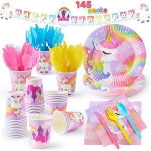 imageJOYIN 145 Pcs Unicorn Birthday Party Supplies with Unicorn Banner for Girls 24 Serves Unicorn Disposable Tableware Set with Plates  Cups Napkins and Cutlery Sets for Unicorn Themes Party KidsUnicorn