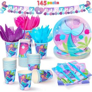 imageJOYIN 145 Pcs Unicorn Birthday Party Supplies with Unicorn Banner for Girls 24 Serves Unicorn Disposable Tableware Set with Plates  Cups Napkins and Cutlery Sets for Unicorn Themes Party KidsMermaid