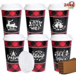 imageJOYIN 24 PCS Christmas Disposable Paper Cups 16 oz Merry Christmas Party Cups With Cup Sleeves and Lids 4 Designs Xmas Drinkware Winter Drink Cups Tableware Holiday Supplies DecorationElegant