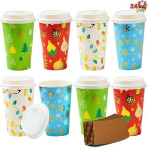 imageJOYIN 24 PCS Christmas Disposable Paper Cups 16 oz Merry Christmas Party Cups With Cup Sleeves and Lids 4 Designs Xmas Drinkware Winter Drink Cups Tableware Holiday Supplies DecorationLights