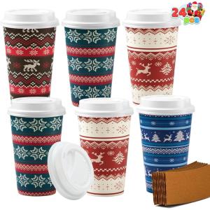 imageJOYIN 24 PCS Christmas Disposable Paper Cups 16 oz Merry Christmas Party Cups With Cup Sleeves and Lids 4 Designs Xmas Drinkware Winter Drink Cups Tableware Holiday Supplies DecorationVintage
