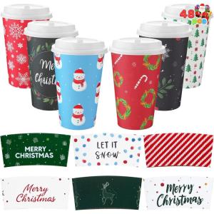 imageJOYIN 48 Pcs Christmas Paper Cups Disposable with Sleeves and Lids 6 Designs 16 oz Xmas Drinking Paper Cups and Sleeves for Hot Chocolate Coffee Cold Beverage Holiday Tableware Winter Party Supplies