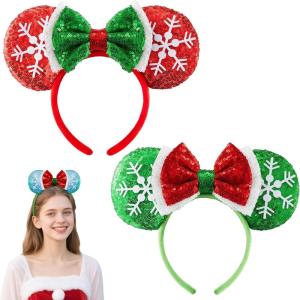 imageJOYIN 2 Pcs LED Christmas Headbands Mouse Ears Headbands Lightup Red ampamp Green Xmas Themed Ears Headwear with Glitters Christmas Hair Accessories for Adult Women Girl Kids Party Favor Cosplay Stage