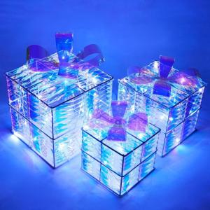 imageJOIEDOMI Christmas Lighted Gift Boxes Light Up Christmas Decorations Set of 3 Iridescent Present Boxes Xmas Boxe Light with LED Cool White for Indoor Porch Patio Holiday Xmas Eve Night DcorIridescent