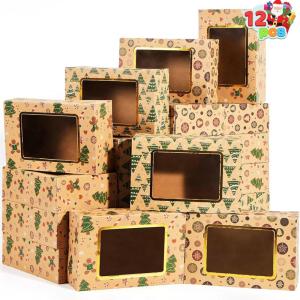 imageJOYIN 12 PCS Foiled Christmas Cookie Boxes for Gift Giving 875quot x 575quot x 275 Bakery Boxes with Window 3 Design Brown Kraft Cardboard Treat Box for Xmas Holiday Pastries Cupcakes Doughnut Wrap