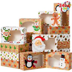 imageJOYIN 24 Pcs Christmas Cookie Boxes with Window 88quot x 58quot x 28quot Kraft Treat Bakery Gift Warpping Box for Xmas Holiday Party Favor Pastries Cupcakes Cookies Donuts GiftGiving 6 Designs