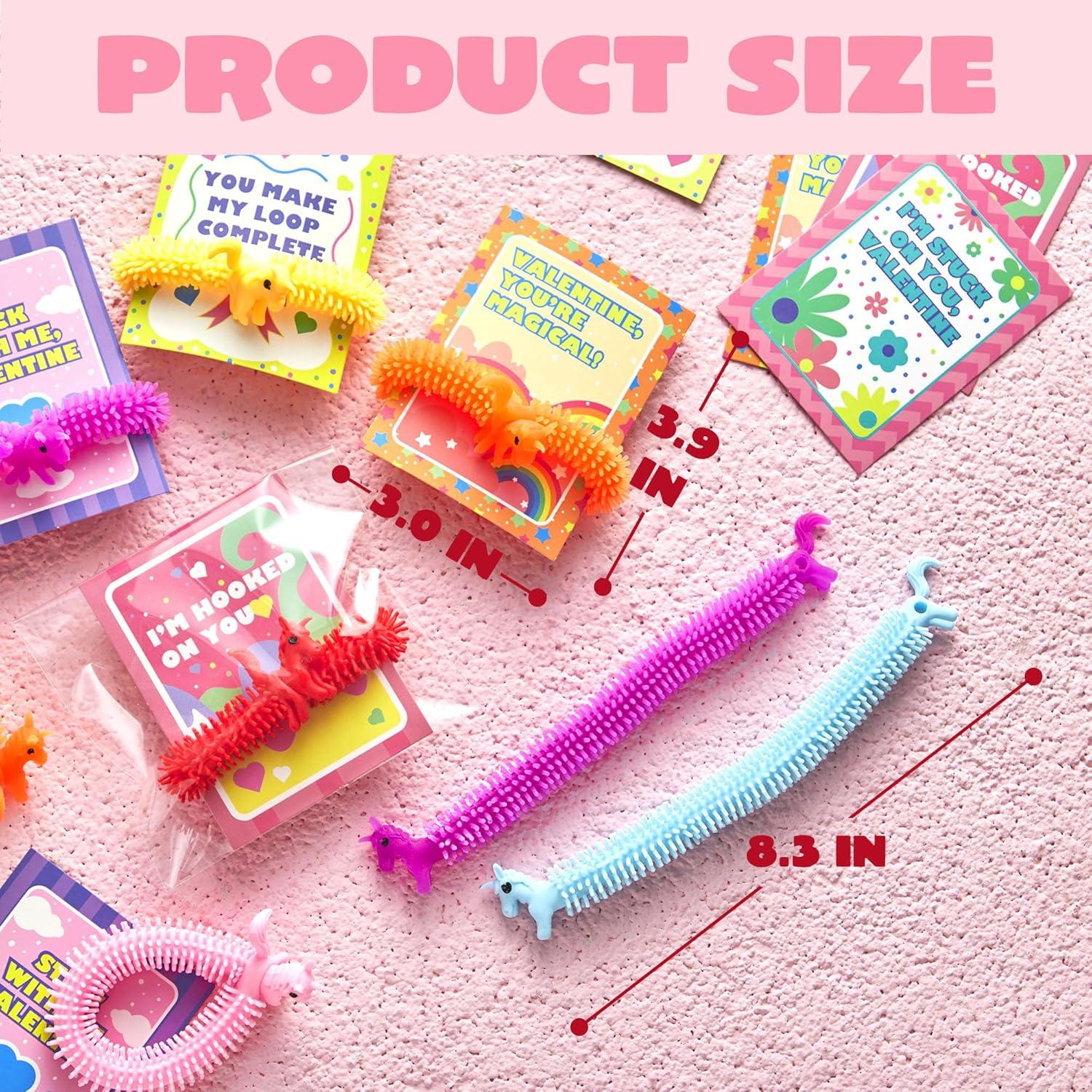 imageJOYIN 30 Pack Valentines Day Gift Cards with Multicolor Stretchy String Toys Set Unicorn Noodle Toys Stress Relief Fidget Toys for Kids Valentine Party Favors Classroom Gift Exchange Game Prize
