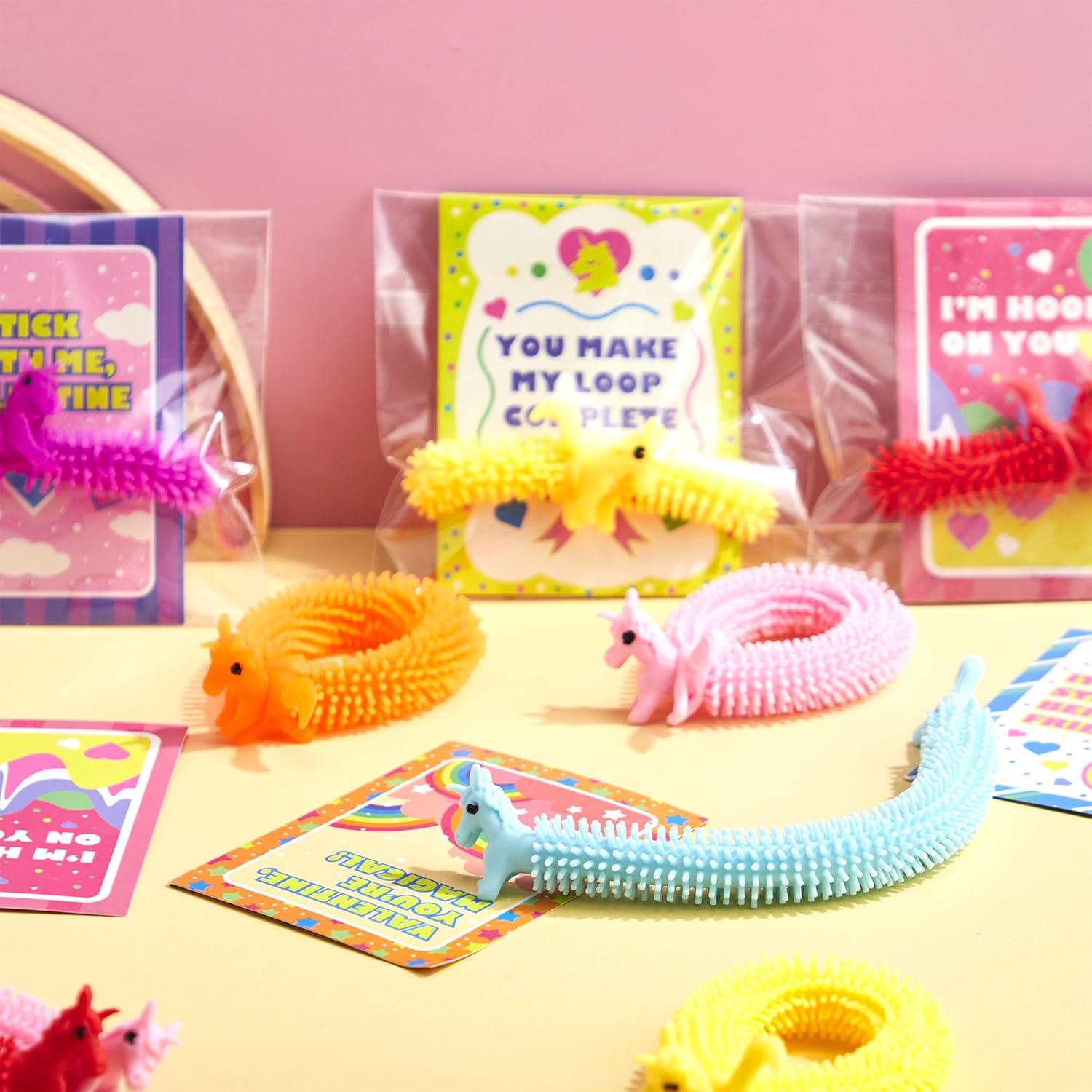 imageJOYIN 30 Pack Valentines Day Gift Cards with Multicolor Stretchy String Toys Set Unicorn Noodle Toys Stress Relief Fidget Toys for Kids Valentine Party Favors Classroom Gift Exchange Game Prize