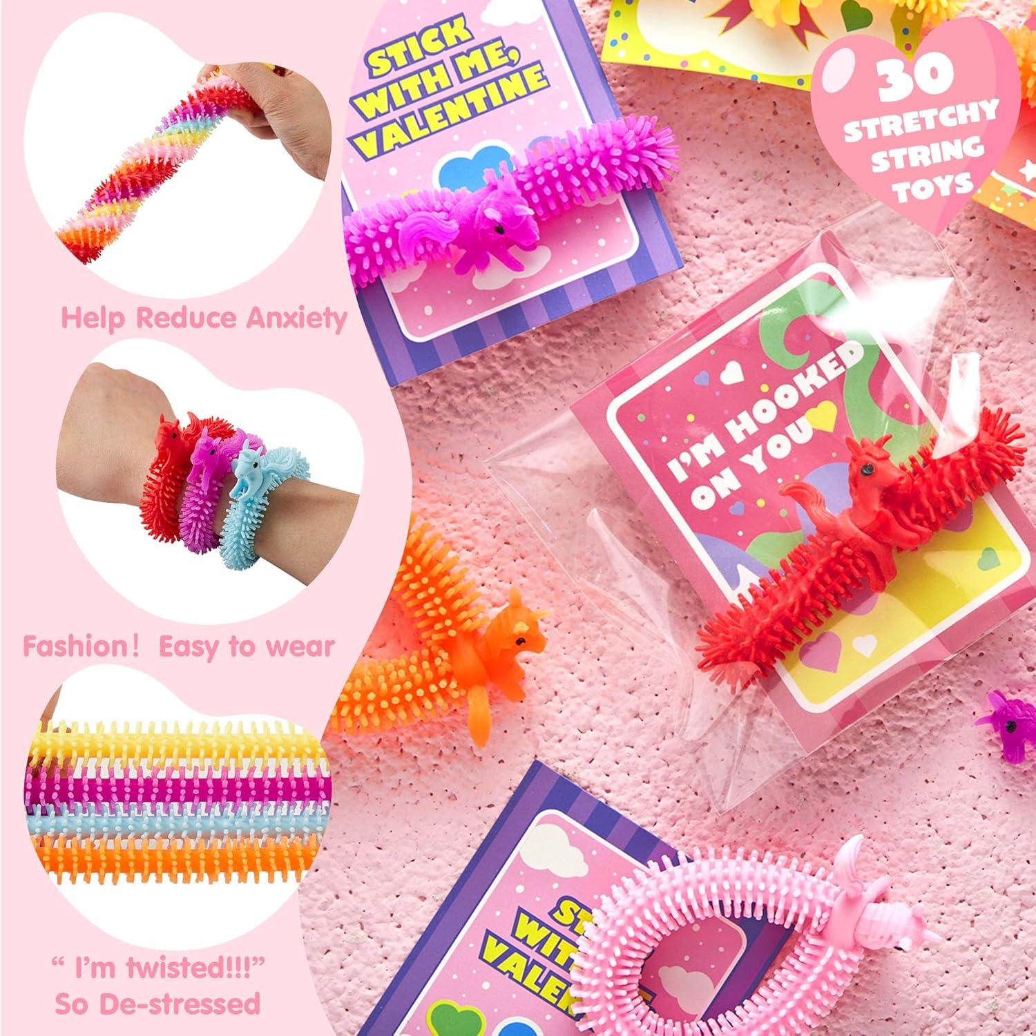 imageJOYIN 30 Pack Valentines Day Gift Cards with Multicolor Stretchy String Toys Set Unicorn Noodle Toys Stress Relief Fidget Toys for Kids Valentine Party Favors Classroom Gift Exchange Game Prize