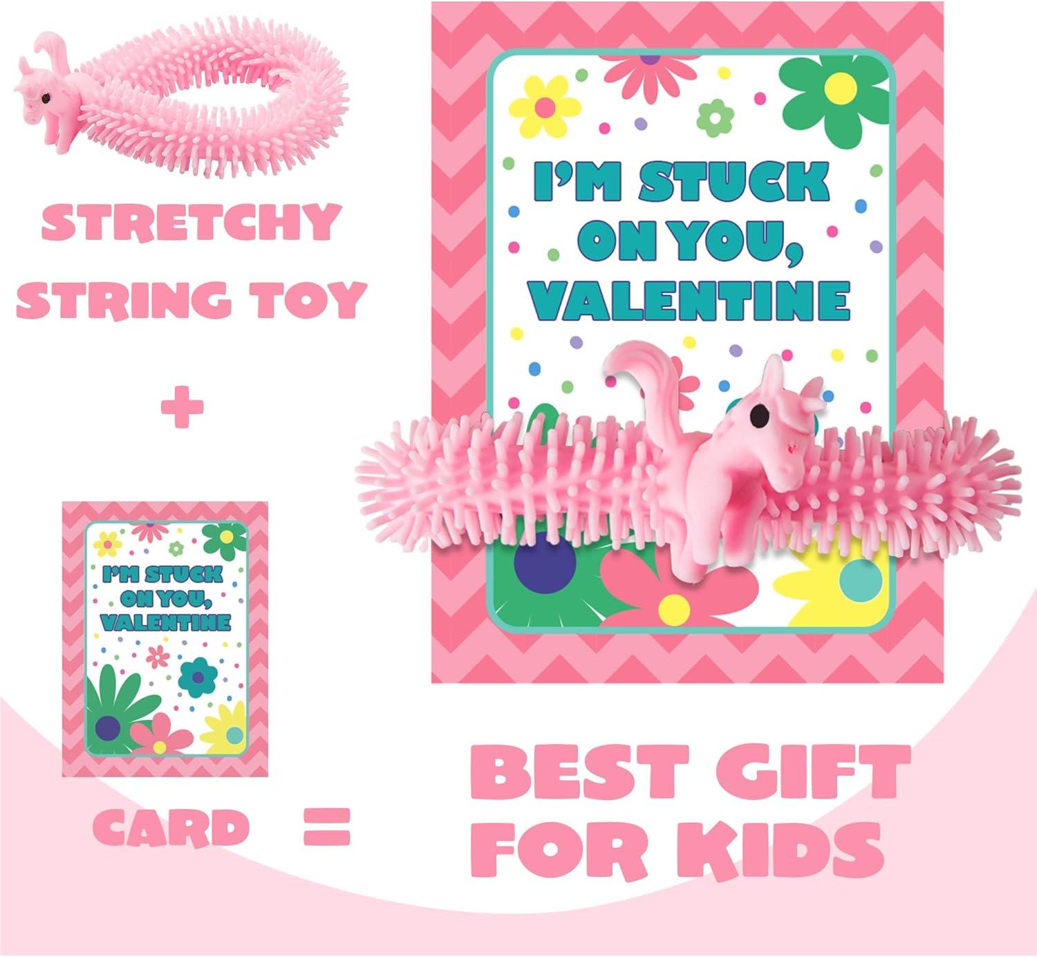imageJOYIN 30 Pack Valentines Day Gift Cards with Multicolor Stretchy String Toys Set Unicorn Noodle Toys Stress Relief Fidget Toys for Kids Valentine Party Favors Classroom Gift Exchange Game Prize
