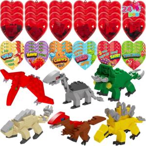 imageJOYIN 24 Packs Valentines Day Cards with Dinosaur Building Blocks Filled Hearts for Party Favor Classroom Exchange Prize Valentines Greeting Cards
