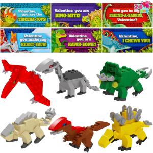 imageJOYIN 24 Packs Valentines Day Cards with Sea Animal Building Blocks for Gifts Party Favor Classroom Exchange Prize Valentines Greeting CardsDinosaur