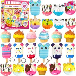 imageJOYIN 28 Packs Dessert squishy toys Stress Relief Keychains with Cards for Classroom Exchange Prizes Fidget Toy Valentines Greeting Cards Valentine Party Favors Valentine Exchange Gifts