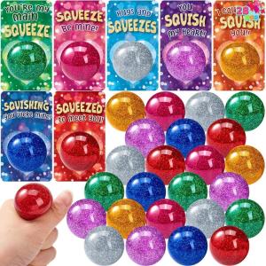 imageJOYIN 28 Packs Valentines Day Stretchy Balls with Cards Classroom Exchange Gift for Kids Valentines Party Favors Classroom Holiday Reward Prizes Stress Relief Stretch Balls