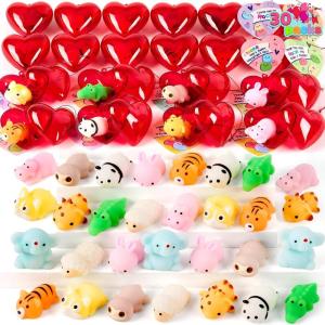 imageJOYIN 30 Packs Heart Gift Cards with Mix Critter Mochi Squishy Toys and Heart Shells Stress Relief Fidget Toys Squeeze for Kids Party Favors and Classroom Exchange