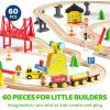 image60PCS Wooden Train Set  Toy Magnetic Trains with Wooden Track Set for Kids Ages 38 Construction Crane Railway Set Perfect Christmas Birthday Gift for Grandkids Toddlers Boys Girls60PCS