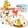 image60PCS Wooden Train Set  Toy Magnetic Trains with Wooden Track Set for Kids Ages 38 Construction Crane Railway Set Perfect Christmas Birthday Gift for Grandkids Toddlers Boys Girls60PCS