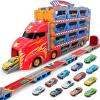 imageSYNCFUN Toddler Race Car Toys Kids Race Track Truck Toy 96quot Foldable 3 Layer Carrier Truck with 12 DieCast Metal Cars and Lights ampamp Sounds Christmas Birthday Gifts for 3 4 5 Years Old Boys Girls