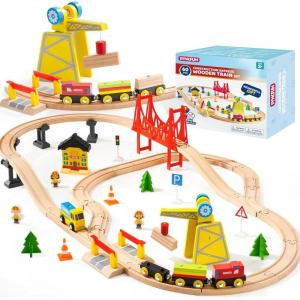 image110PCS Wooden Train Set  Toy Magnetic Trains with Wooden Track Set for Kids Ages 38 City Scene Railway Set Perfect Christmas Birthday Gift for Grandkids Toddlers Boys Girls60PCS