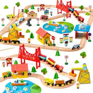 image60PCS Wooden Train Set  Toy Magnetic Trains with Wooden Track Set for Kids Ages 38 Construction Crane Railway Set Perfect Christmas Birthday Gift for Grandkids Toddlers Boys Girls110PCS