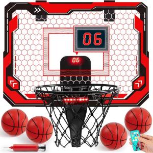 imageSYNCFUN Mini Basketball Hoop Over The Door LED Indoor Basketball Hoop for Kids with Scoreboard ampamp 4 Balls Basket Ball Game Toys Gifts for Boys Ages 3 and UPRedRed