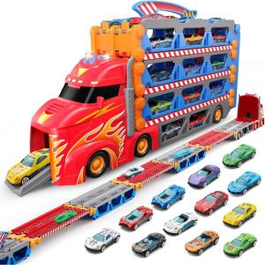 imageSYNCFUN Toddler Race Car Toys Kids Race Track Truck Toy 96quot Foldable 3 Layer Carrier Truck with 12 DieCast Metal Cars and Lights ampamp Sounds Christmas Birthday Gifts for 3 4 5 Years Old Boys Girls