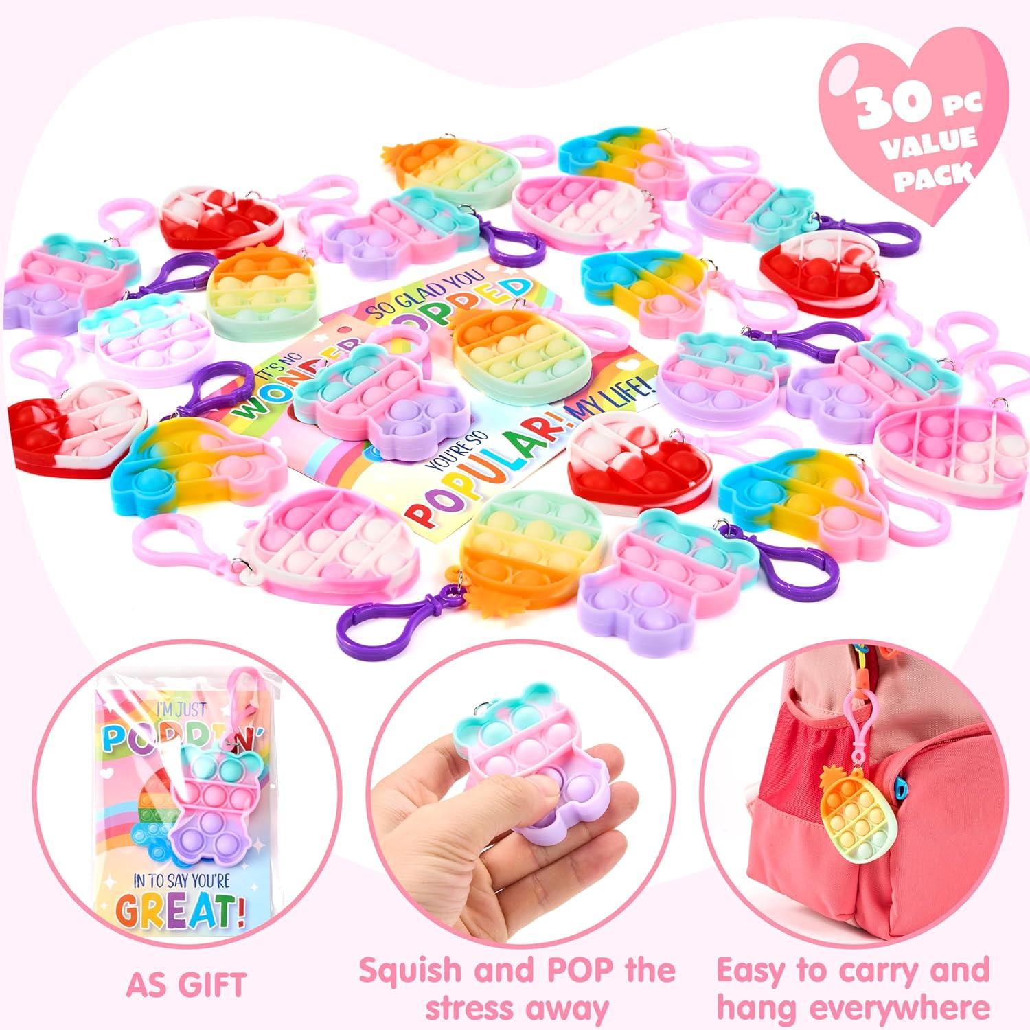 imageJOYIN 30 Packs 6 Design Gift Cards with Pop Bubble Keychains Mini Colored Pop Multi Shape Stress Relief Fidget Toys for Kids Party Favors and Classroom Gift ExchangeClassic Valentine Pop Bubble