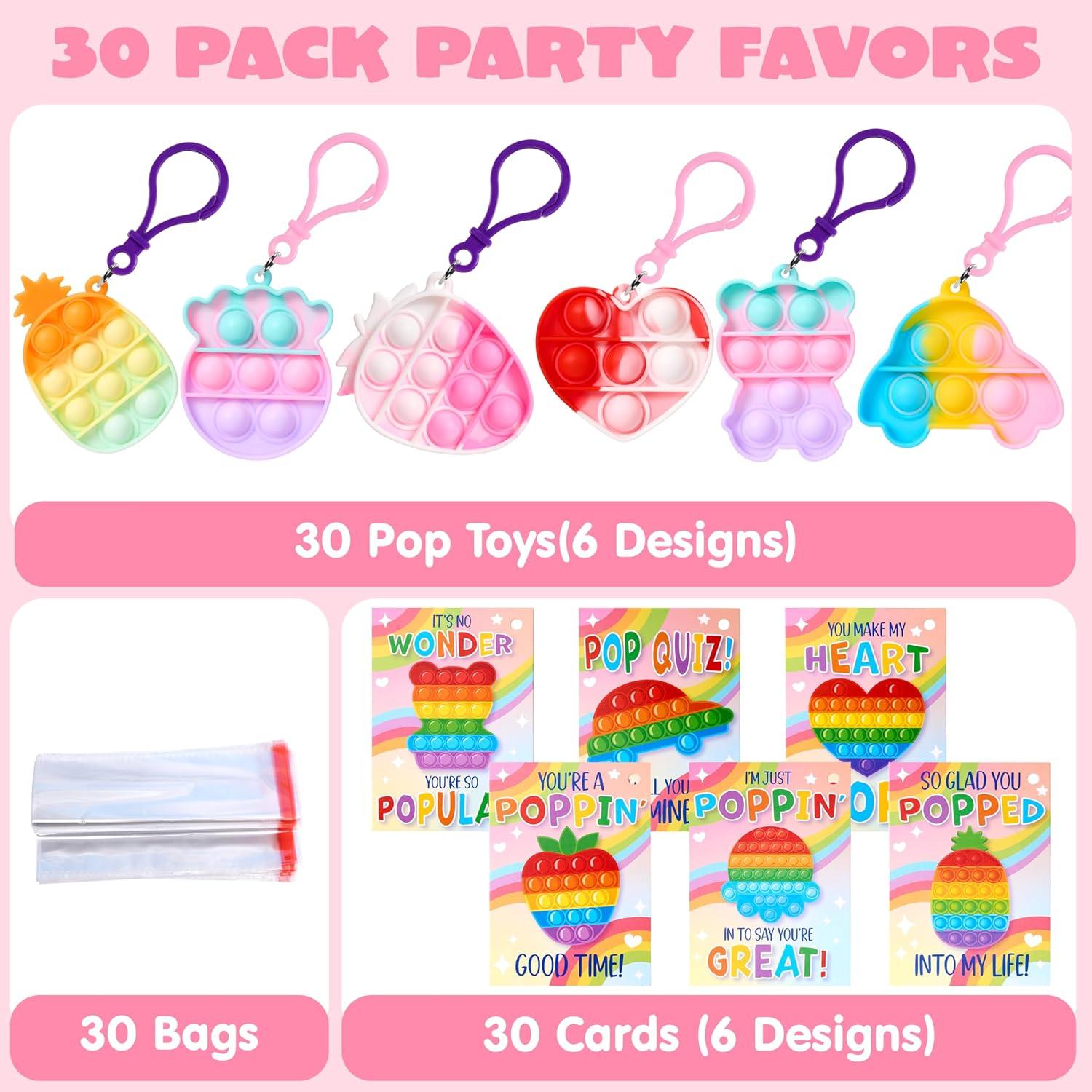 imageJOYIN 30 Packs 6 Design Gift Cards with Pop Bubble Keychains Mini Colored Pop Multi Shape Stress Relief Fidget Toys for Kids Party Favors and Classroom Gift ExchangeClassic Valentine Pop Bubble
