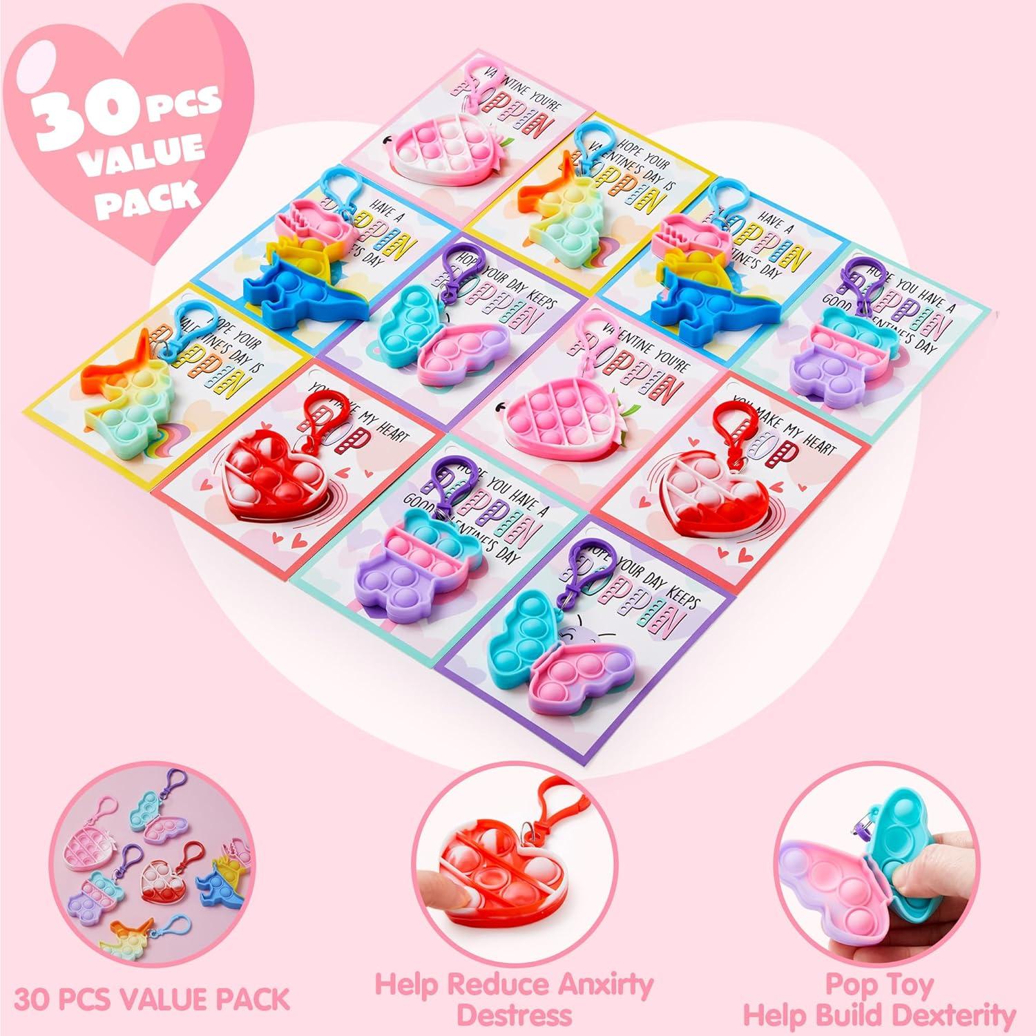 imageJOYIN 30 Packs 6 Design Gift Cards with Pop Bubble Keychains Mini Colored Pop Multi Shape Stress Relief Fidget Toys for Kids Party Favors and Classroom Gift ExchangeCute Valentine Pop Bubble