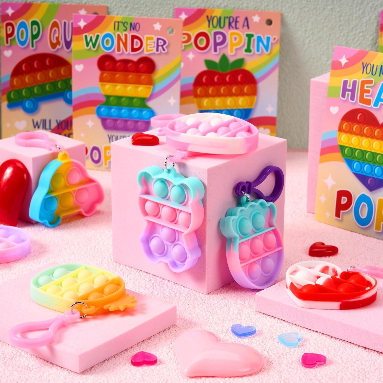 imageJOYIN 30 Packs 6 Design Gift Cards with Pop Bubble Keychains Mini Colored Pop Multi Shape Stress Relief Fidget Toys for Kids Party Favors and Classroom Gift ExchangeClassic Valentine Pop Bubble