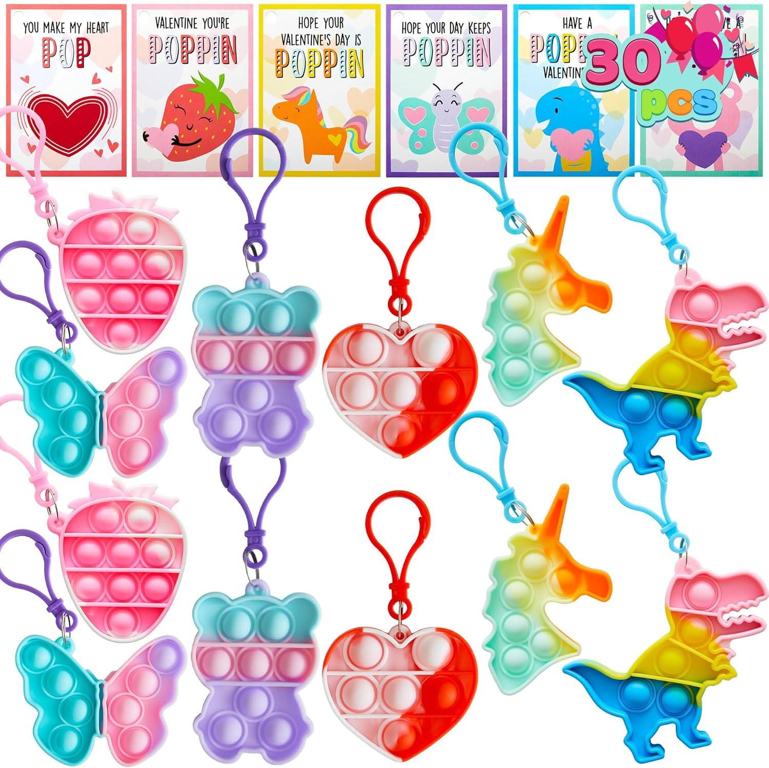 imageJOYIN 30 Packs 6 Design Gift Cards with Pop Bubble Keychains Mini Colored Pop Multi Shape Stress Relief Fidget Toys for Kids Party Favors and Classroom Gift ExchangeCute Valentine Pop Bubble