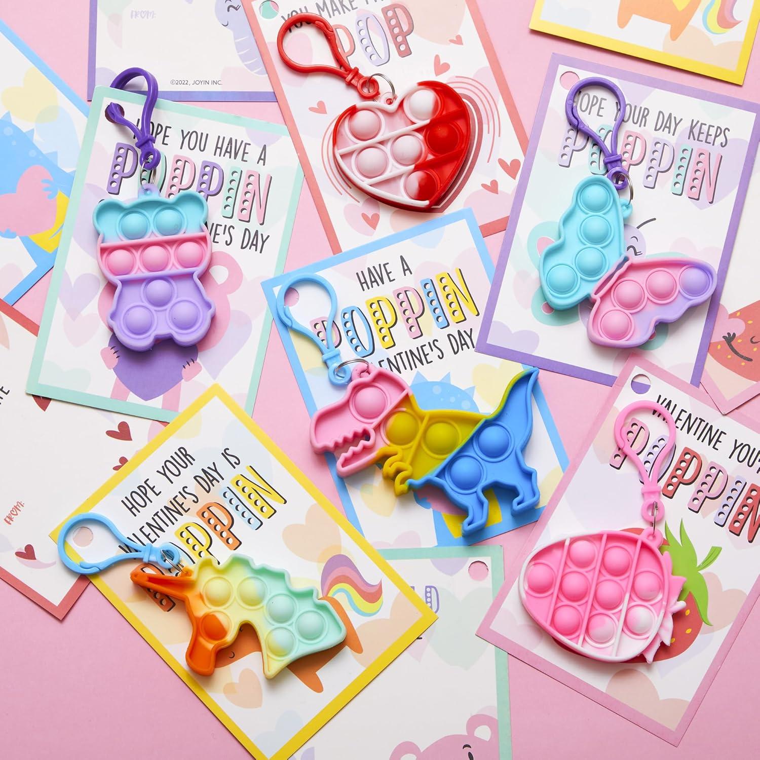 imageJOYIN 30 Packs 6 Design Gift Cards with Pop Bubble Keychains Mini Colored Pop Multi Shape Stress Relief Fidget Toys for Kids Party Favors and Classroom Gift ExchangeCute Valentine Pop Bubble