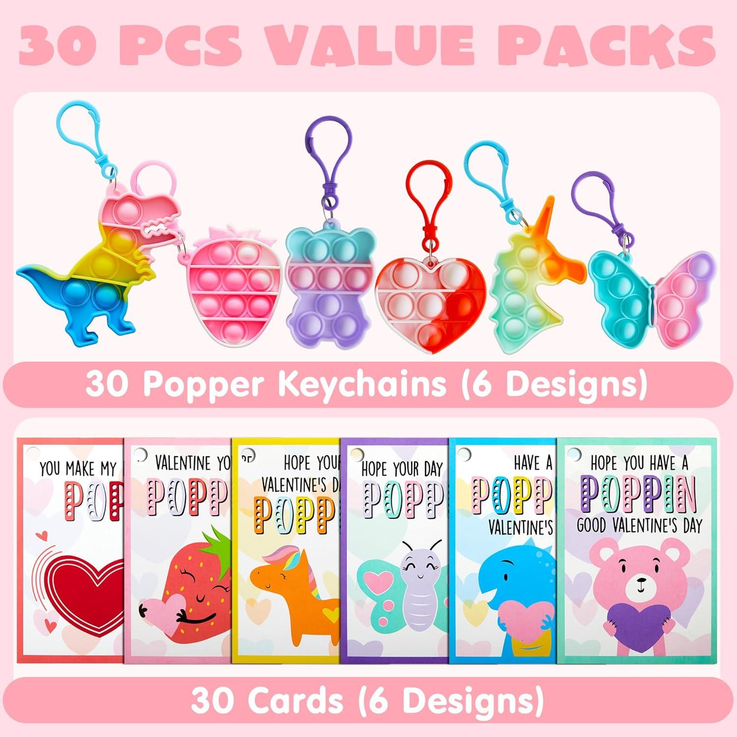 imageJOYIN 30 Packs 6 Design Gift Cards with Pop Bubble Keychains Mini Colored Pop Multi Shape Stress Relief Fidget Toys for Kids Party Favors and Classroom Gift ExchangeCute Valentine Pop Bubble