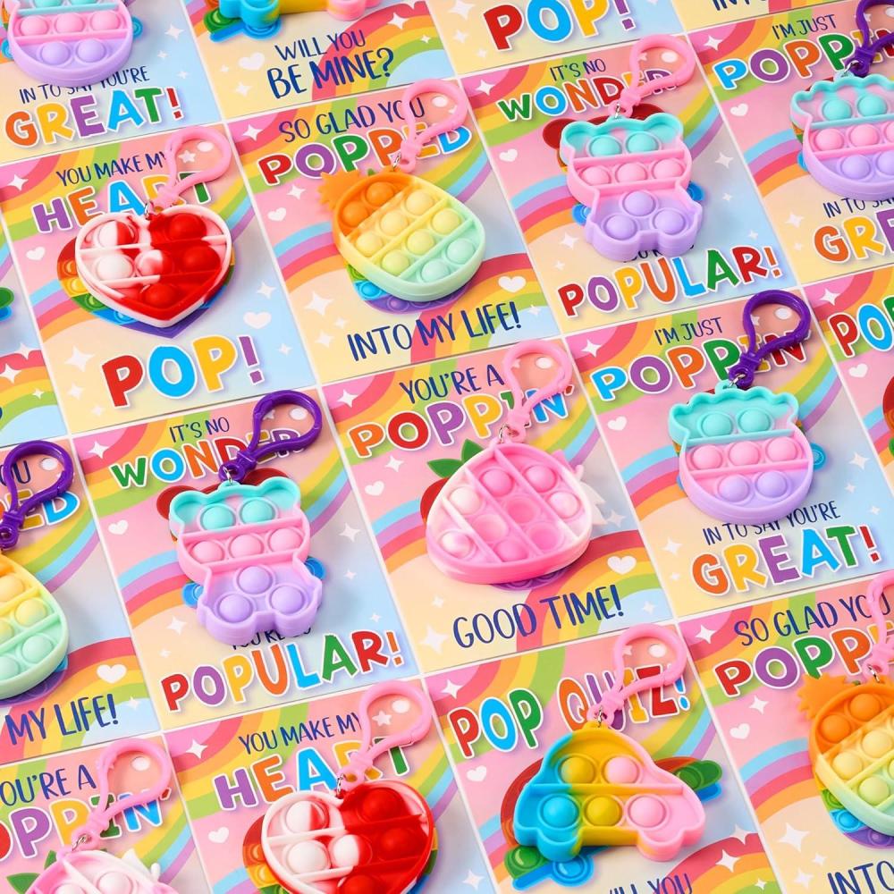 imageJOYIN 30 Packs 6 Design Gift Cards with Pop Bubble Keychains Mini Colored Pop Multi Shape Stress Relief Fidget Toys for Kids Party Favors and Classroom Gift ExchangeClassic Valentine Pop Bubble