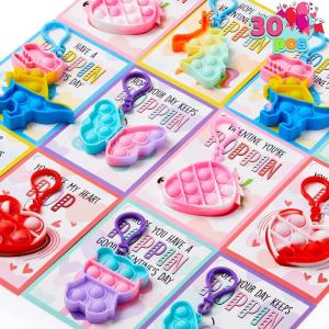 imageJOYIN 30 Packs 6 Design Gift Cards with Pop Bubble Keychains Mini Colored Pop Multi Shape Stress Relief Fidget Toys for Kids Party Favors and Classroom Gift ExchangeCute Valentine Pop Bubble