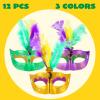 imageJOYIN 12 Pcs Mardi Gras Feather Masks Carnival Masquerade Masks Bulk Mardi Gras Costume Dress Up Accessories for Women Men Outfit