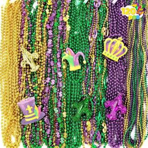 imageJOYIN 120 Pcs Mardi Gras Bead Necklaces with Pendant Assorted Gold Green Purple Metallic Bead Necklaces Set for Mardi Gras Party Favor Decorations Colorful Necklace for Dress Up Costumes Supplies