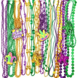 imageJOYIN 24 Pcs Mardi Gras Bead Necklace Bulk Set Colorful Metallic Bead Necklaces with Pendan for Mardi Gras Party Decorations Costume Accessories Favors