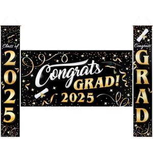 imageJOYIN 3 Pcs Graduation Decorations Class of 2025 Large Graduaiton Banners Set Gold ampamp Black Congrats Grad Party Backdrop and Banner Hanging Porch Supplies for College Graduation IndoorOutdoor DecorBlack