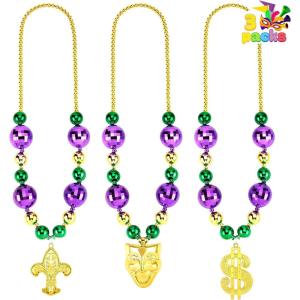 imageJOYIN 3 Pcs Mardi Gras Jumbo Bead Necklaces with Pendan Large Gold Green Purple Necklaces Beads for Mardi Gras Parade Decorations Party Favors Supplies Costume Outfit Accessories