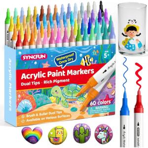 imageSYNCFUN 24 PCS Acrylic Paint Markers Dual Tip Waterproof Pen with Brush and Bullet Tip for Paper Window Fabric Canvas Rock Wood Glass Metal Ceramic NonWashable Art Supplies DIY Crafts60