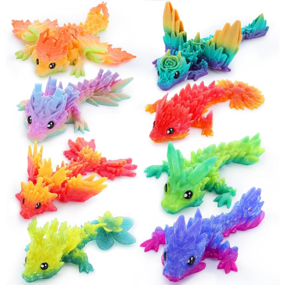 imageJOYIN 8 Pcs 3D Printed Dragon 44quot Colorful 3D Printed Flexible Articulated Dragon Fidget Toys for Home Office Desk Decor Autism Stress Relief Fidget Toys for Kids ampamp Adults Birthday Gift
