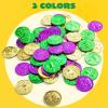 imageJOYIN 120 PCS Mardi Gras Coins Gold Green Purple Mardi Gras Plastic Coin Bulk for Mardi Gras Parade Party Favors Supplies Fake Gold Coins for Party Accessory Decoration