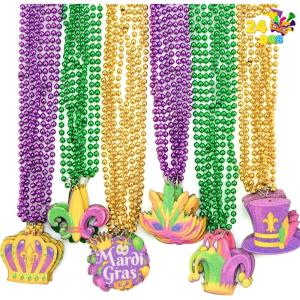 imageJOYIN 24 Pcs Mardi Gras Bead Necklaces with Pendant 6 Designs Mardi Gras Necklaces Gold Green Purple Beads Necklace Dress Up Costumes for Mardi Gras Party Decorations Supplies